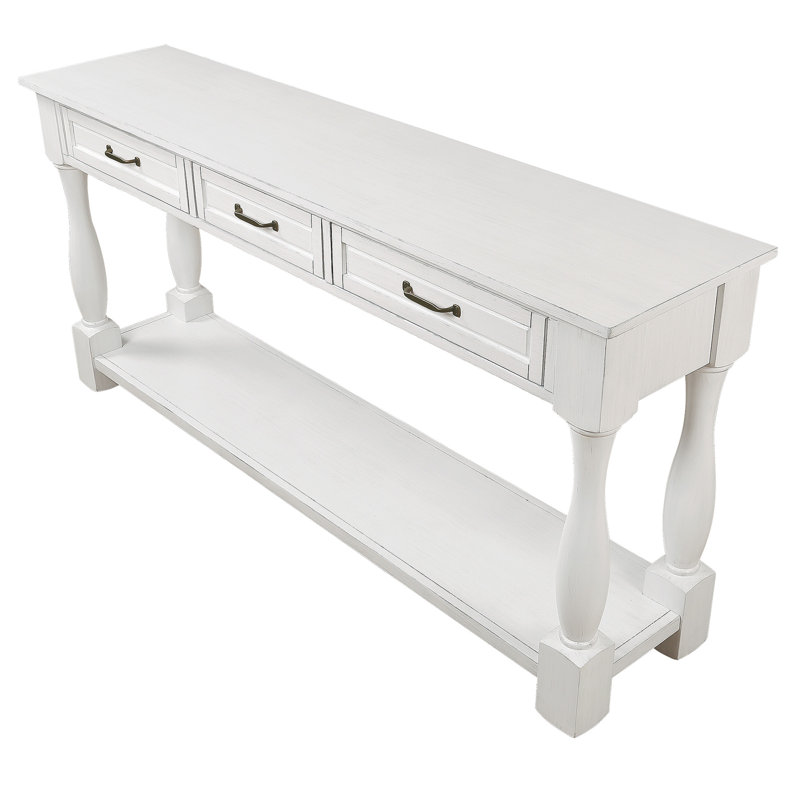 White Solid Wood Console Table with Storage Drawers and Shelf