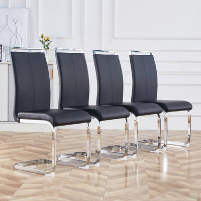 Set of 4 Modern Faux Leather Cantilever Dining Chairs with Vertical Stitching and Metal Base 