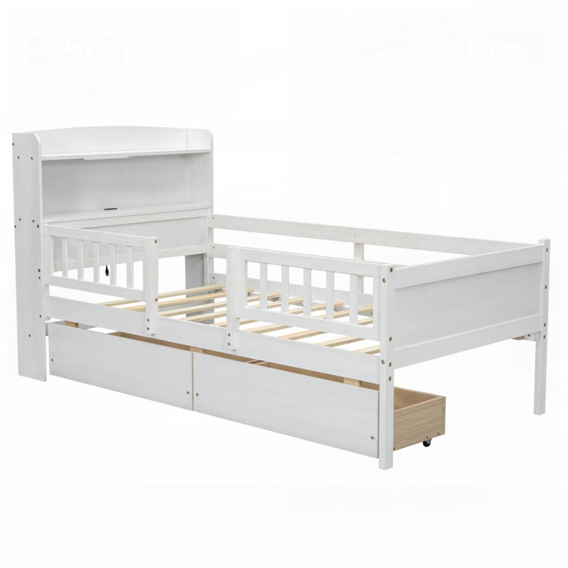 Multi-Functional Headboard Wood Platform Bed With Built-In LED Light And 2 Drawers, White