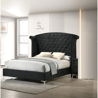 1Pc Glam Upholstered King Bed Button-Tufting Wing Back Headboard Button Tufted Bedroom Furniture Wood Metal Fabric