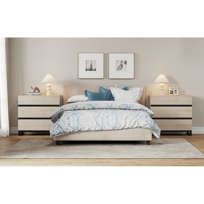 Aadam 3-Drawer Wood Nightstands with Metal Legs, Beige