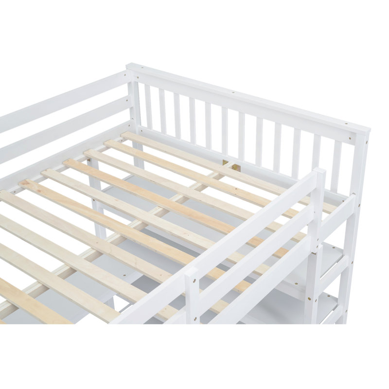 Lit mezzanine double avec tablettes de rangement et bureau sous le lit, Blanc