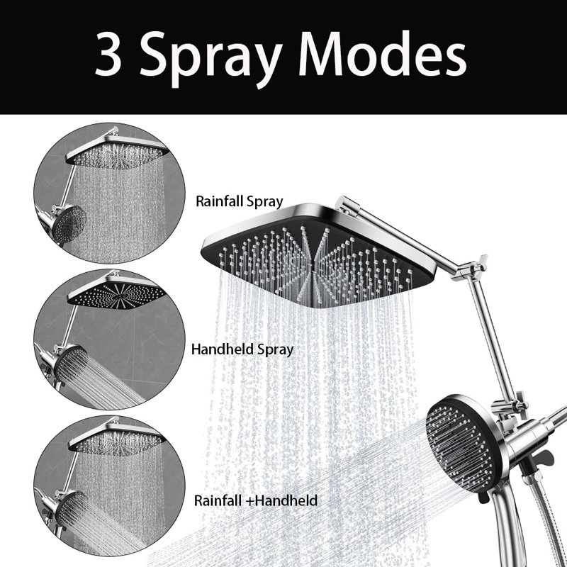 Pomme de douche à pluie 12 po, douchette combinée 9 modes, bras d'extension réglable, boyau de douche extra long 59 po