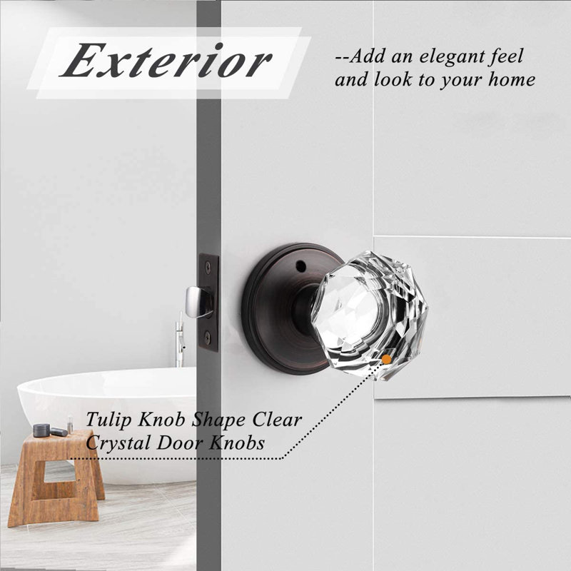 Crystal Door Knobs Keyless Lock with Round Rosette, Privacy, Oil Rubbed Bronze