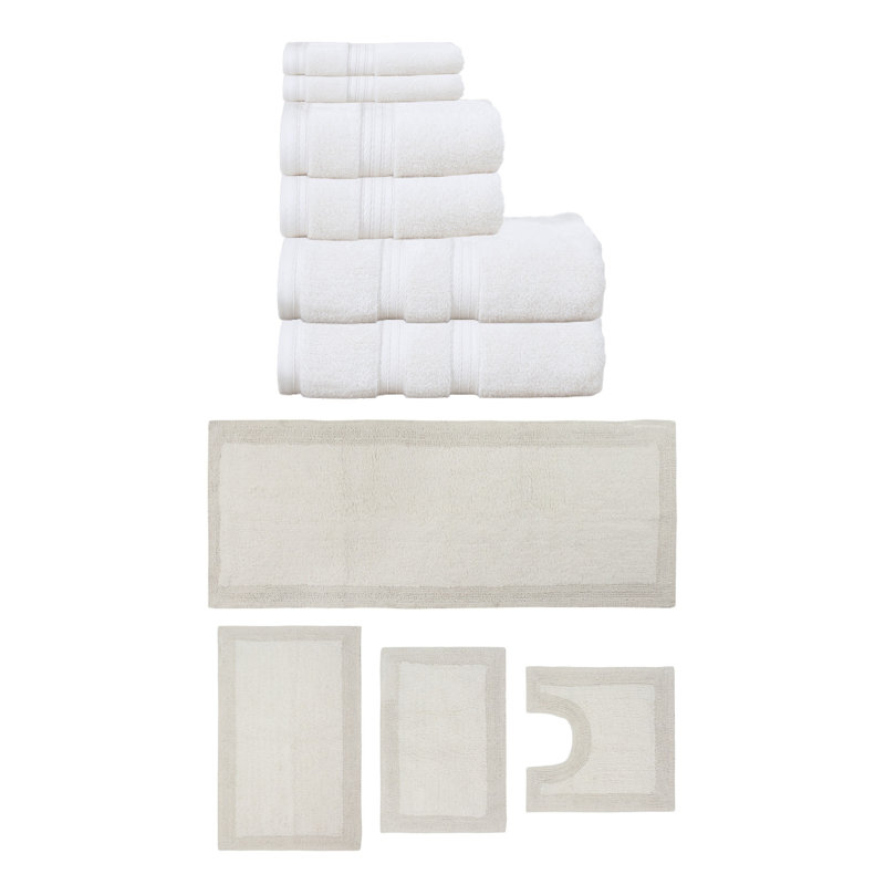 Buariki Collection 100% Soft Cotton 6 Pc Towel Set & 4 Pc Bath Rug Set, (Set of 10) Reversible, Ivory