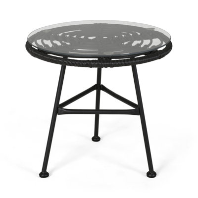 Outdoor Glass Top Faux Rattan Side Table,Tempered Glass Top End Table For Balcony Porch Deck