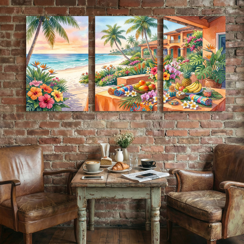 Paysage et nature Plage tropicale Coucher de soleil Villa Jardin Fleurs Fruits Palmiers, H 30 po x l 60 po