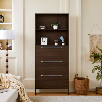 Modern Entryway Shoe Rack With 3 Flip Drawers. , Metal Handles. Walnut Hue, Spacious Interior Solid Hue. Handles,