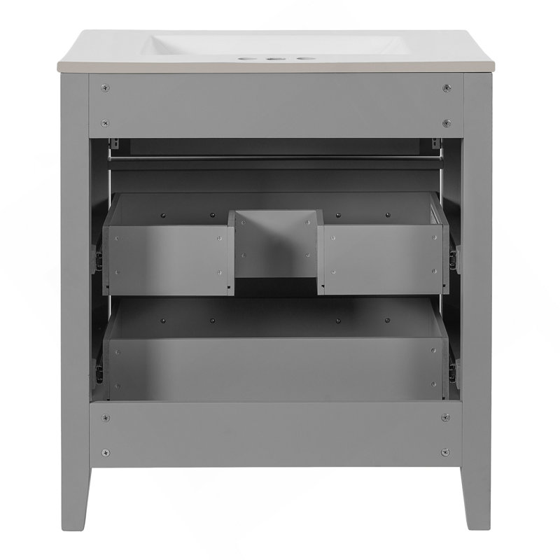 Ensemble de meuble-lavabo 60 po avec lavabo en céramique (séparé), ensemble de meuble-lavabo autoportant avec 3 tiroirs, armoire de rangement à cadre en bois gris