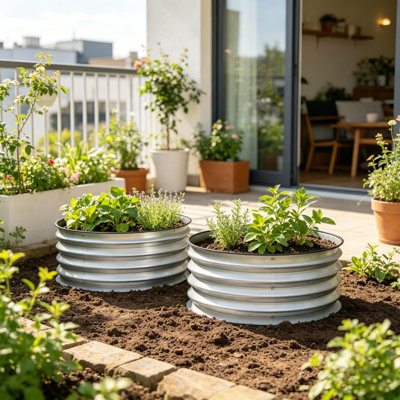 2 lits de jardin surélevés en acier galvanisé rond argenté, boîte à fleurs à drainage ouvert, assemblage facile pour le jardinage de fleurs de légumes en plein air
