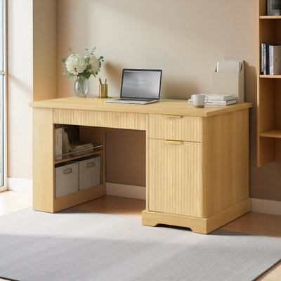 Bureau cannelé moderne de 55,1 po avec armoire de rangement et tiroirs, bureau d'ordinateur avec prise de courant, panneau perforé