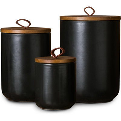 Ensemble de 3 pots en céramique noire avec couvercle en bois