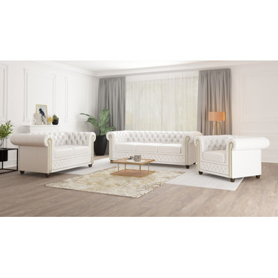 Chesterfield Erra 3 - Piece Living Room Set with Sleeping Function Made of Vegan Leather with Solid Wood Legs