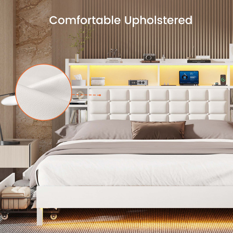 Modern Upholstered Queen Bed, LED Headboard with Charging Station, Quiet Support & Quick Assembly, Queen, White
