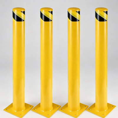 Pack Heavy-Duty Steel Safety Bollard Posts - High-Visibility Bollards for Parking, Curbs & Driveway Protection with 36-42 Inch Height, 4.5 Inch Diameter & 4-16 Anchor Bolts