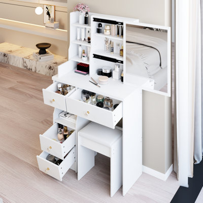 Meuble-lavabo blanc de 50,4 po de hauteur avec tiroir gauche, miroir coulissant droit, rangement multicouche et tabouret rembourré pour les petites chambres