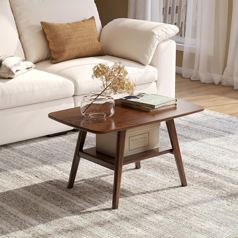 Walnut Solid Oak Wood Coffee Table with Shelf Storage, 31.5''W x 22.05''D x 17.32''H