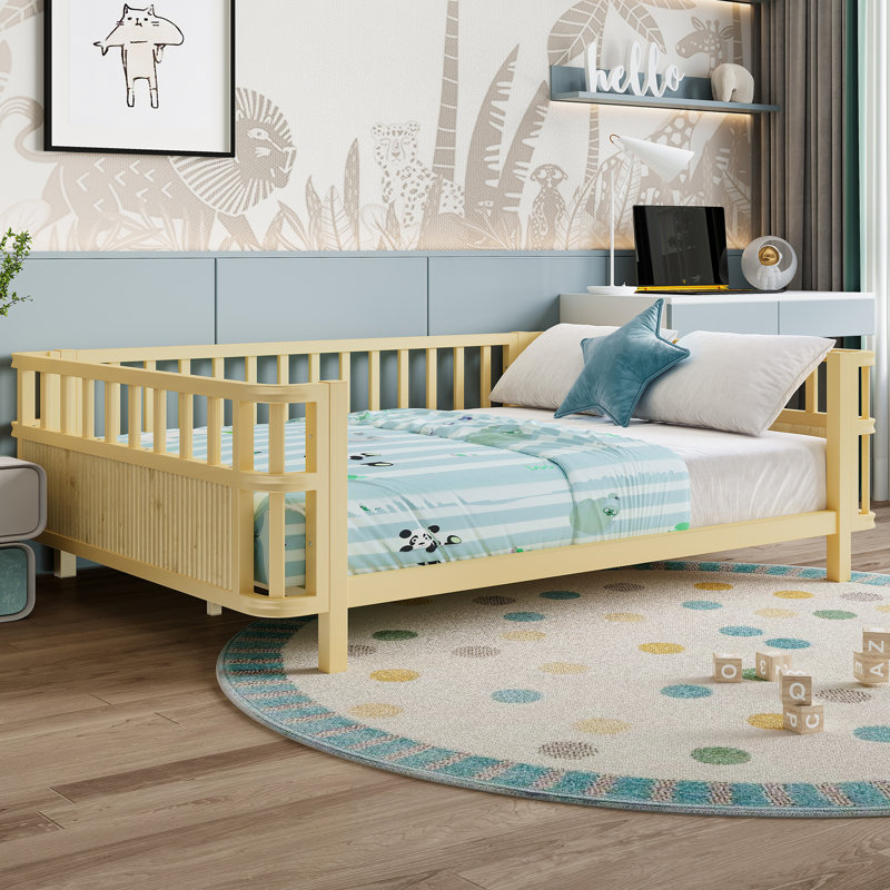Full Size Natural Wooden Platform Bed with Railings - Perfect for Kids (Girls & Boys), Natural, Full