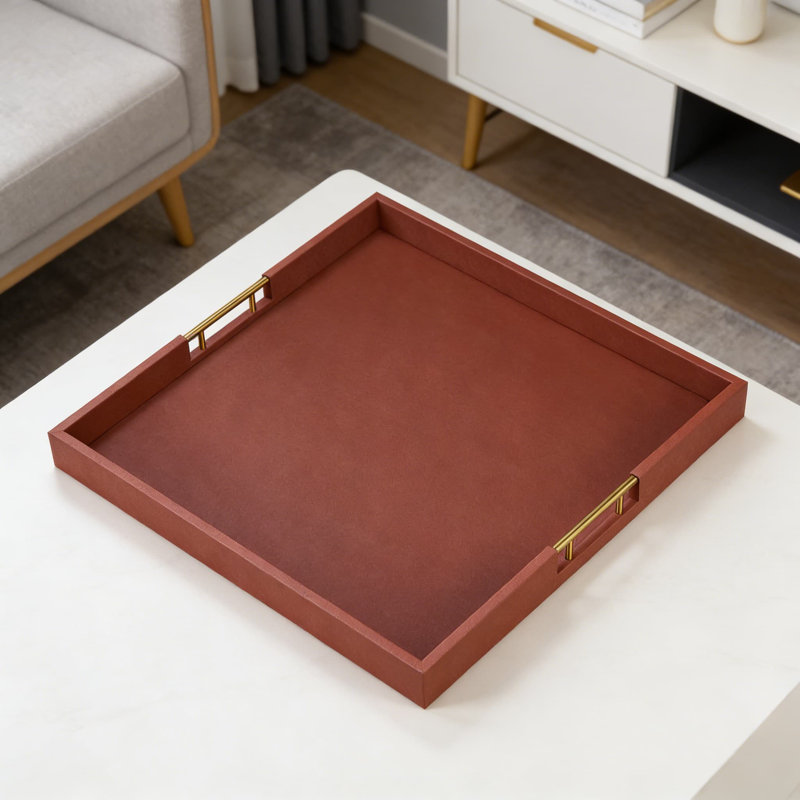 Extra Large Square Ottoman Tray With Golden Handles - Faux Leather Wrapped Wood Serving Tray For Breakfast In Bed, Coffee Table Organizer, And Home Decor