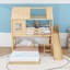 Lit superposé simple au dessus d'une maison double avec glissoire, échelle et tablettes intégrées-129595904