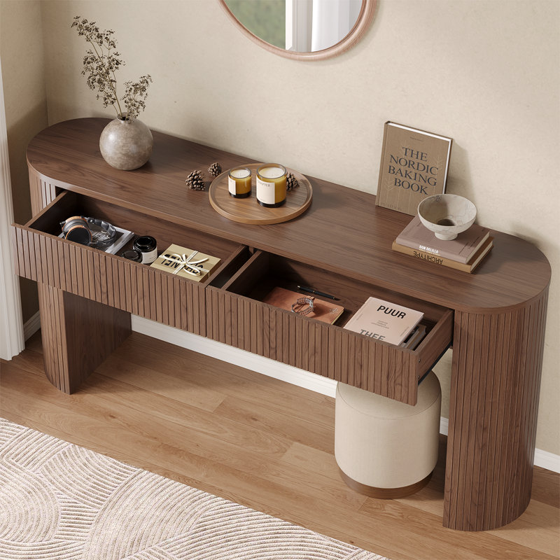 55'' Tambour Console Table With Oval Tabletop For Living Room Hallway Foyer Entrance Study, 31.51" H x 63.01" W x 13.79" D