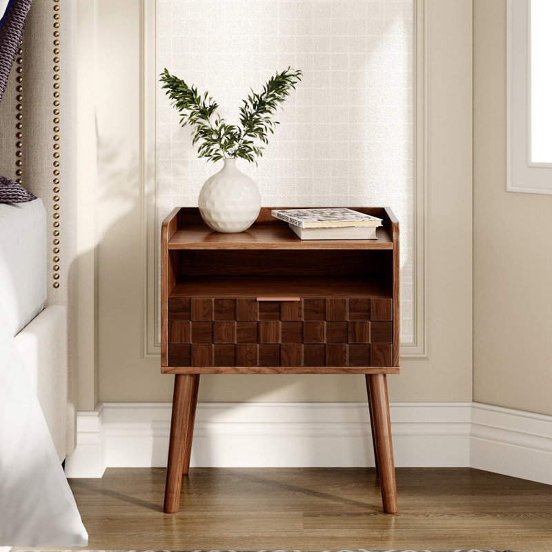 Mid-Century 20"W Nightstand Set Of 2 With Open Shelf & Chessboard-Cut Drawer, Bedside Table Set Of 2 Modern Bedroom Furniture With Curved Corner