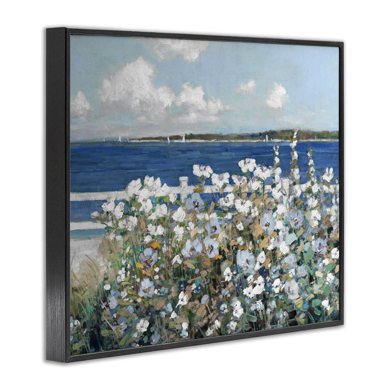Magnifique buisson de fleurs blanches bord de mer avec vue sur l'océan par Sally Swatland - Peinture, H 36 po x l 48 po