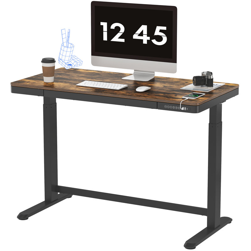 Bureau debout à hauteur réglable de 48 po / 55 po avec tiroir Home Office, H 46,5 po x l 47,4 po x P 23,7 po, Noyer / noir