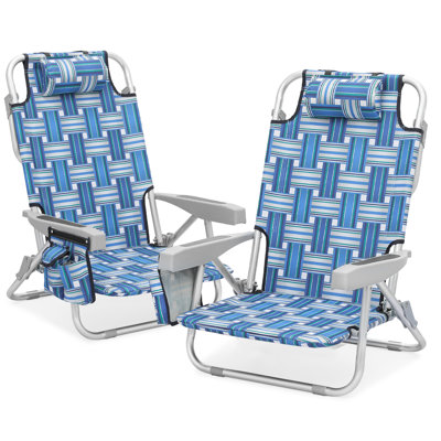 Portable Beach Chairs Set Of 2 With Back Pack Straps, Folding Camping Seats With Cooling Pocket