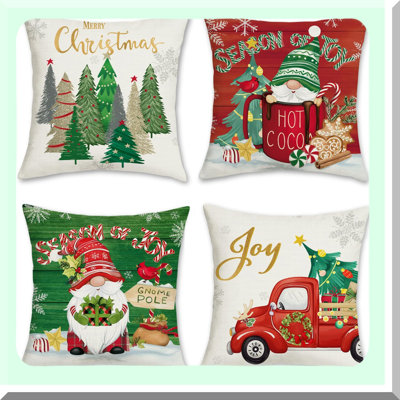 Winter Wonderland Gnomes Throw Pillow Covers - Set of 4 Festive Merry Tree Red Truck Decorative Pillows for Sofa Couch Home Xmas Decor
