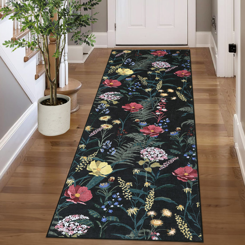 Modern Rug for Living Room Large Floral Printed Floor Carpet, Easy Cleaning Stain-Resistant Contemporary Indoor Mat for Bedroom, Office, Black