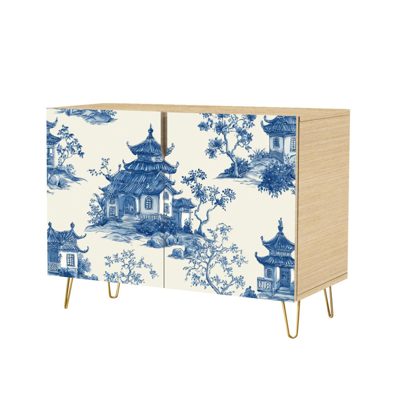 Buffet Buffet avec rangement Magnifique pagode à encre de Chine de style chinois avec 2 portes pour le salon et la cuisine