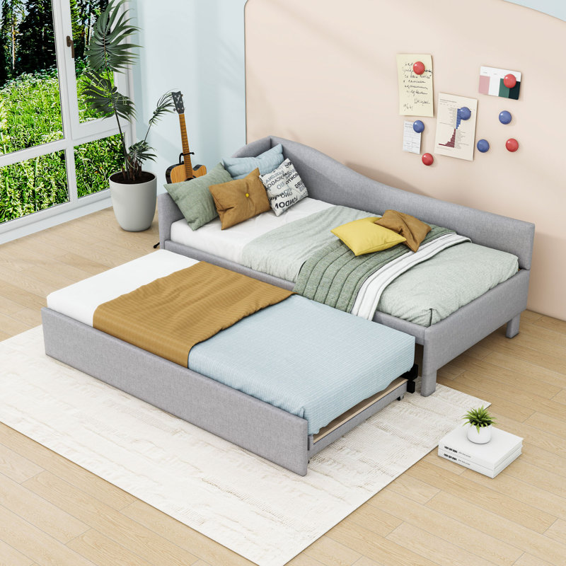 Twin Upholstered Daybed with Backrest and Twin Pop Up Trundle, Gray