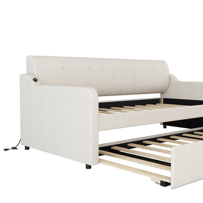 Lit de jour rembourré avec couchette et conception de charge USB, la couchette peut être plate ou érigée, Beige