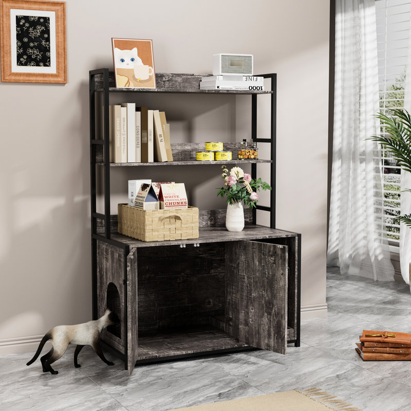 Enceinte de litière pour chat avec tablette de rangement, portes doubles et bloc-notes, installation intérieure grise - arrangement de porte, arrangement de salle de bain cachée