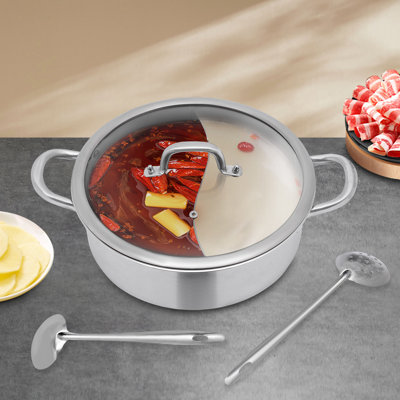 SUNYOU 14.19 qt. Stainless Steel Hot Pot with Divider, Pot with Glass Lid with Spoon/ Leaky Spoon