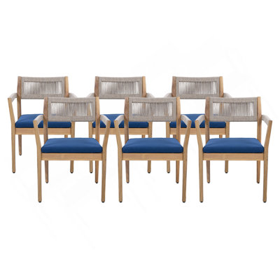 Braided Acacia Wood Outdoor Dining Chairs Set of 6 – Teak Look with Beige Rope & Navy  Cushions, All-Weather Patio Furniture for Garden, Poolside, and Backyard (Durable & Stylish)
