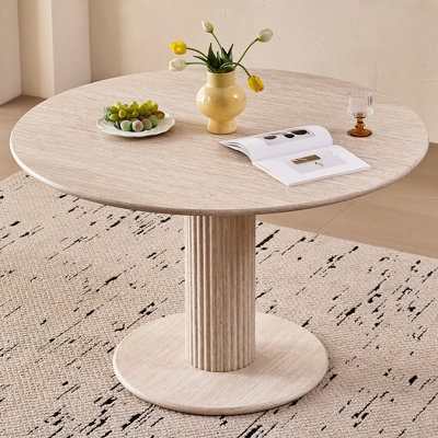 47" Round Dining Table For 4, [Cylinder Pedestal Base] [Stone-Patterned] Modern Circle Dinner Table For Kitchen Dining Room by Union Rustic