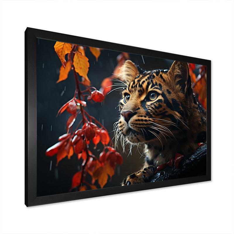 Photo de léopard en automne I - art mural léopard / guépard, Cadre d'angle fermé noir, H 24 po x l 32 po x P 1 po
