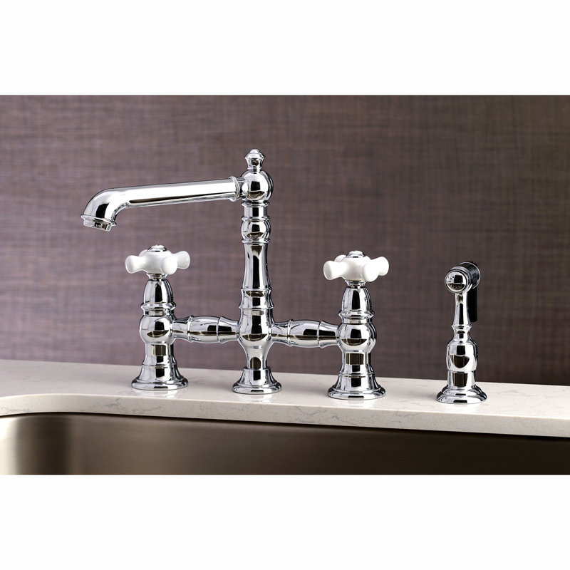 Kingston Brass English Country Two-Handle 4-Hole Deck Mount Bridge Kitchen Faucet with Brass Side Sprayer, Polished Chrome