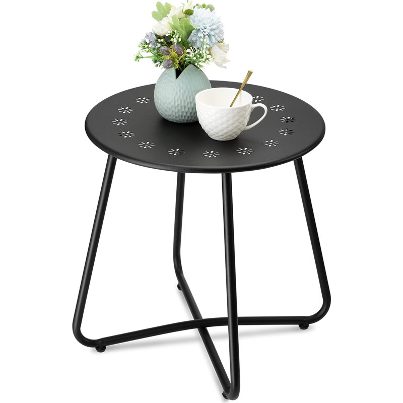 Table d'appoint ronde en métal avec découpes décoratives, table de bout d'extérieur résistante aux intempéries pour le jardin, le balcon et le patio
