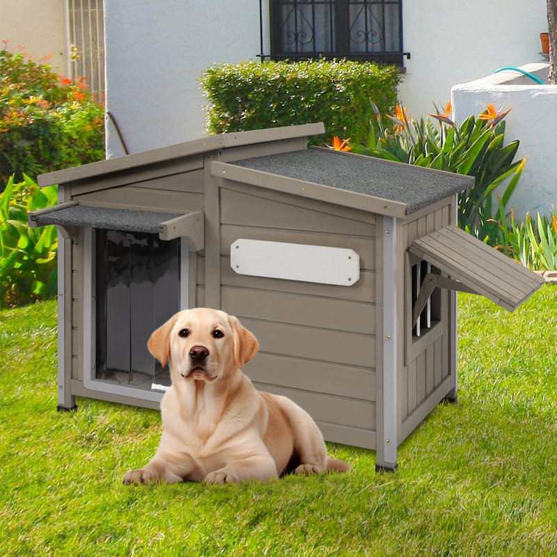 Large Gray Wooden Dog House with Chew-Proof Iron Frame