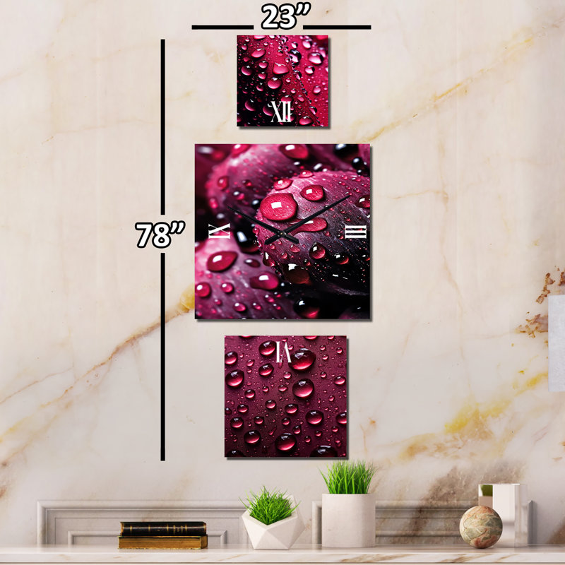 Grande horloge murale moderne avec roses rouges et gouttes de pluie XVIII