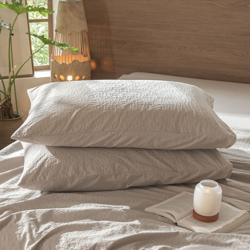 Ensemble de housse de couette à rayures ondulées 100% coton lavé MooMee, Beige