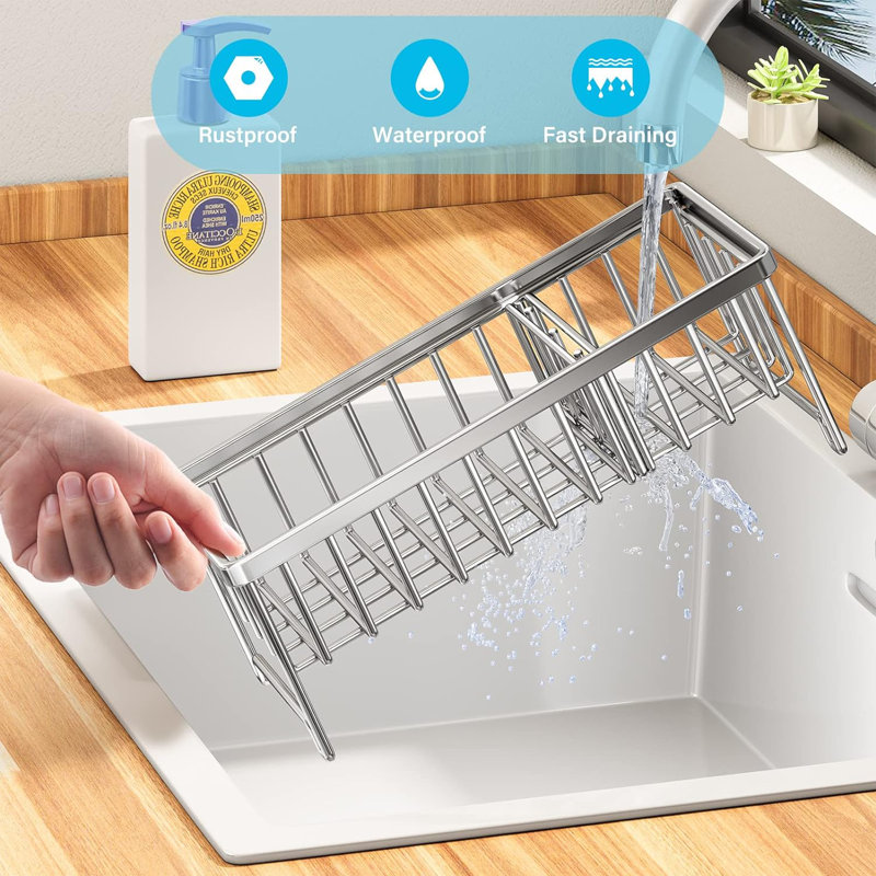 Sponge Holder For Kitchen Sink, Sink Caddy With Drain Tray, Kitchen Sink Organizer Countertop Rustproof 304 Stainless Steel, Soap Dispenser Kitchen Organizers And Storage Accessories