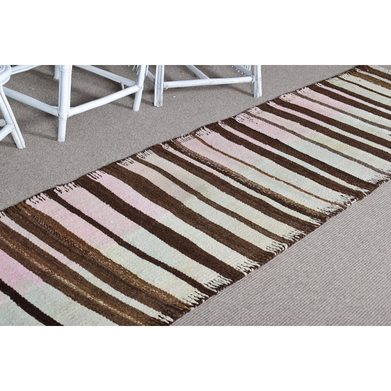 Tapis turc Kilim fabriqué à la main avec rayures beiges et brunes pour couloir et couloirs