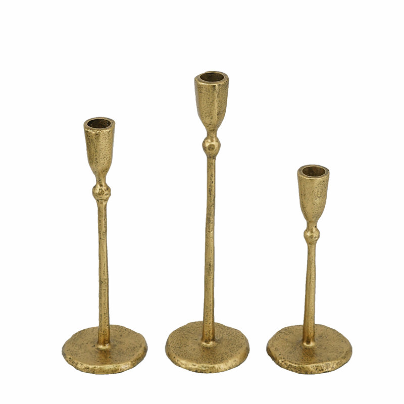 Gold Iron Candlesticks with Round Base - Set of 3