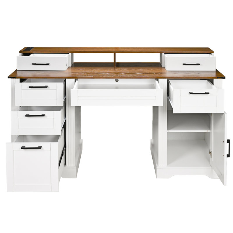 Bureau de ferme 59 "avec station de charge et armoire de rangement (tabourets non inclus), Noyer, White