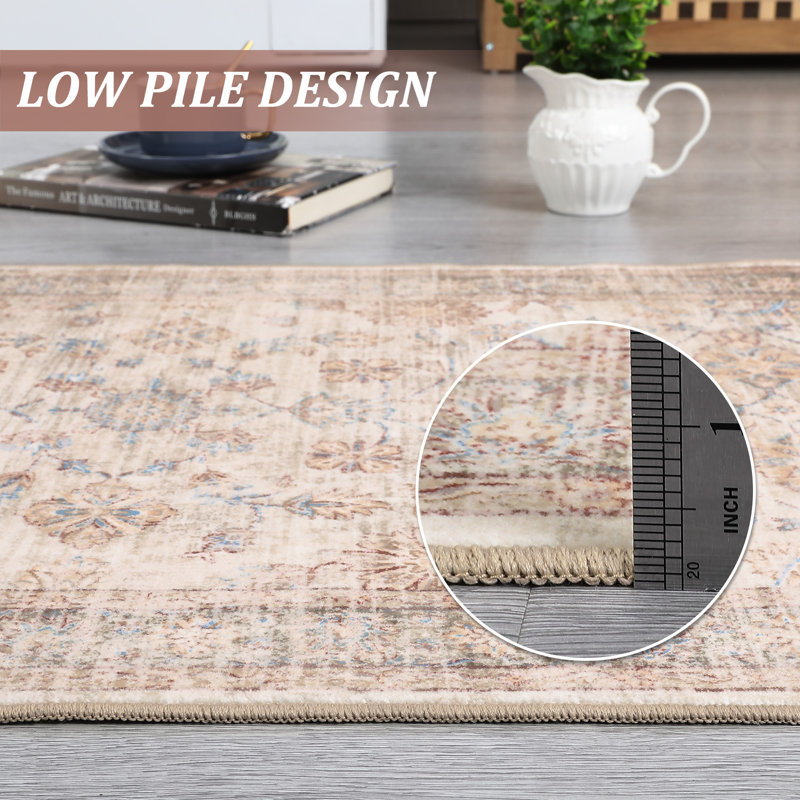 Tapis lavable de style vintage à motifs floraux vieillis, Crème, 10*13