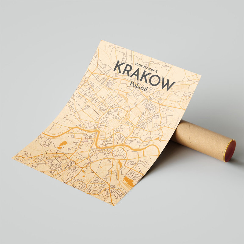 «Krakow City Map», impression de luxe, H 24 po x l 18 po, Orange / or pâle